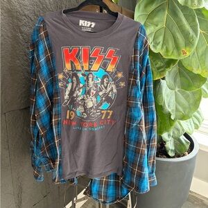 Upcycle NOT PERFECT KISS Graphic Tee with Blue Plaid Sleeves